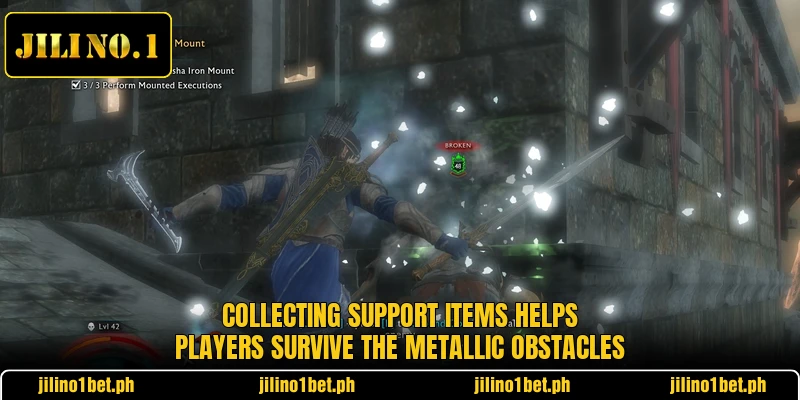 Collecting support items helps players survive the metallic obstacles